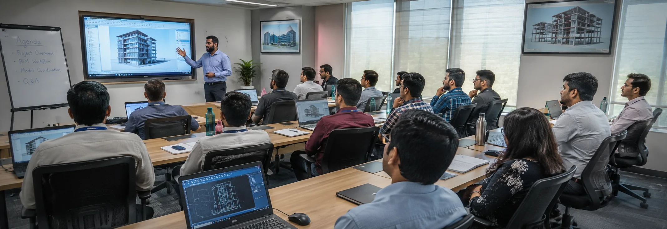 A corporate training session in a boardroom, with a trainer presenting a building model on screen and delegates following on their laptops