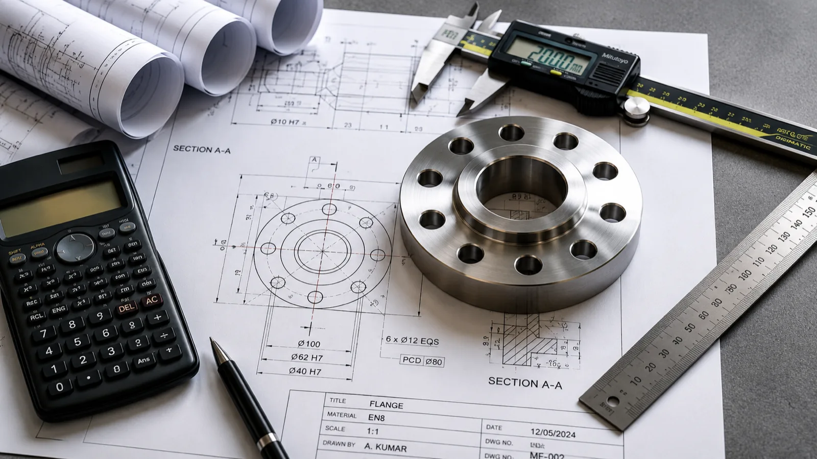 A machined steel flange resting on its dimensioned 2D detail drawing, with digital calipers, a steel rule and a calculator alongside
