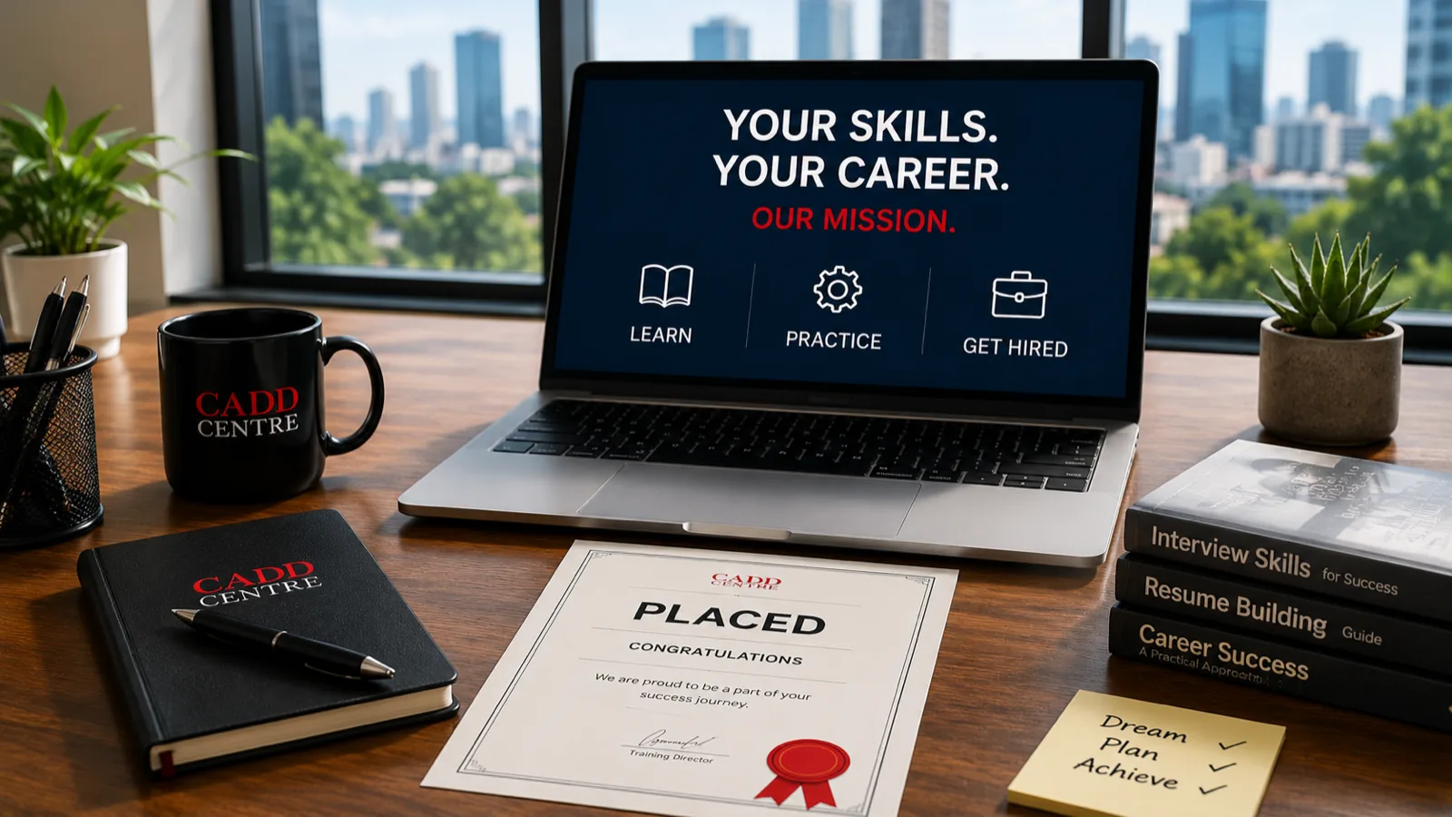 A laptop on a desk showing a CADD Centre 'Learn, Practice, Get Hired' slide, beside a placement certificate, branded notebook and mug, and career-skills books