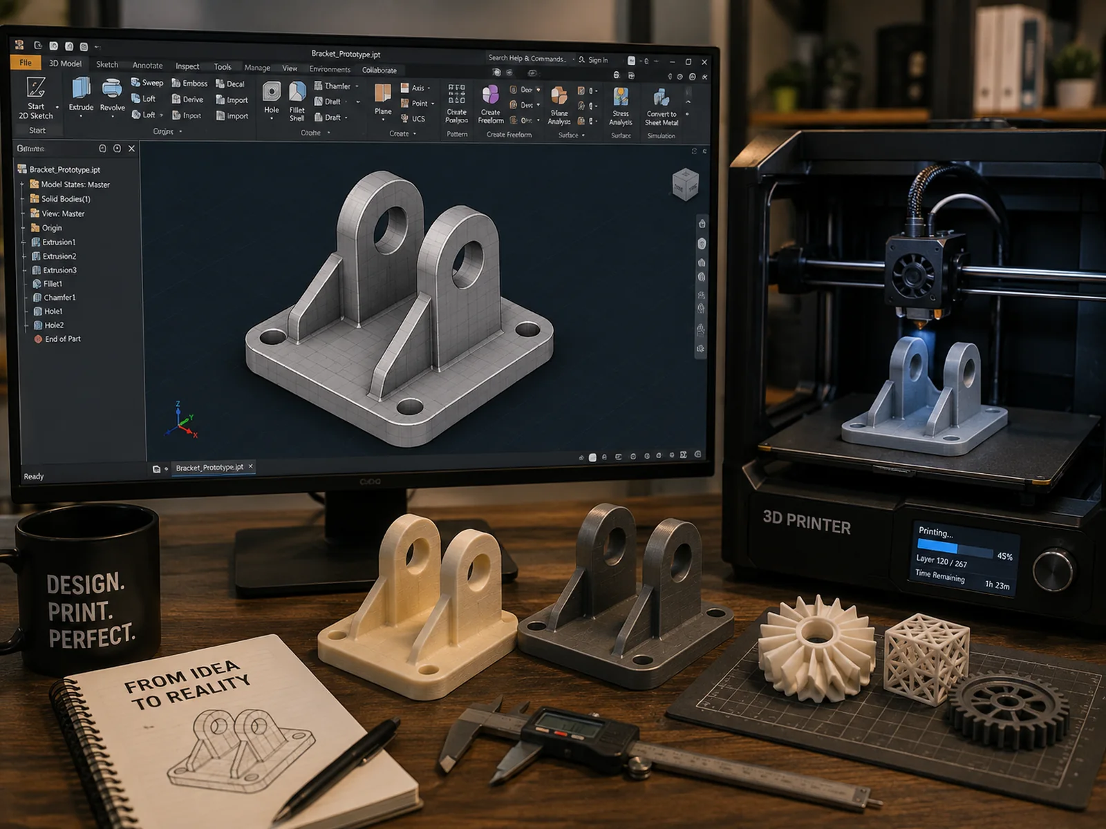A bracket on screen as a CAD model and mid-print on a 3D printer, with finished prints, a lattice cube and a gear laid out beside callipers