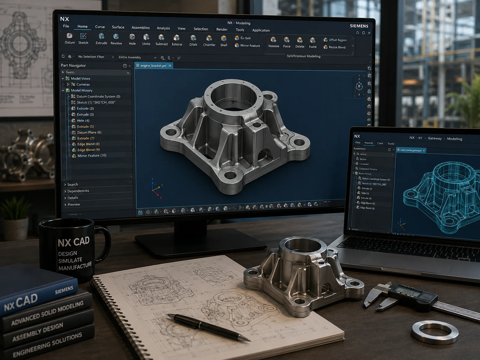 An engine bracket modelled in Siemens NX with its part navigator history, a wireframe view on a laptop, and the machined part beside vernier callipers