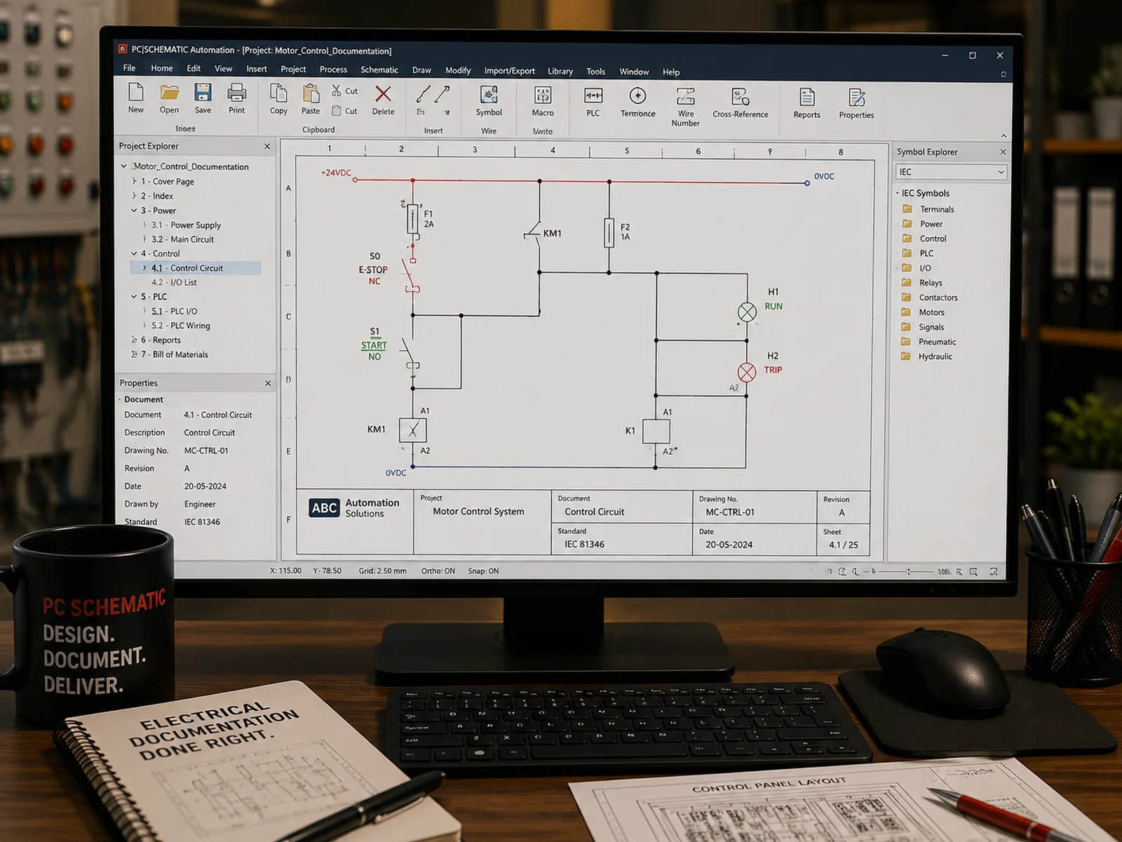 A motor control circuit documented in PC|SCHEMATIC Automation with the project explorer, IEC symbol library and a titled drawing sheet
