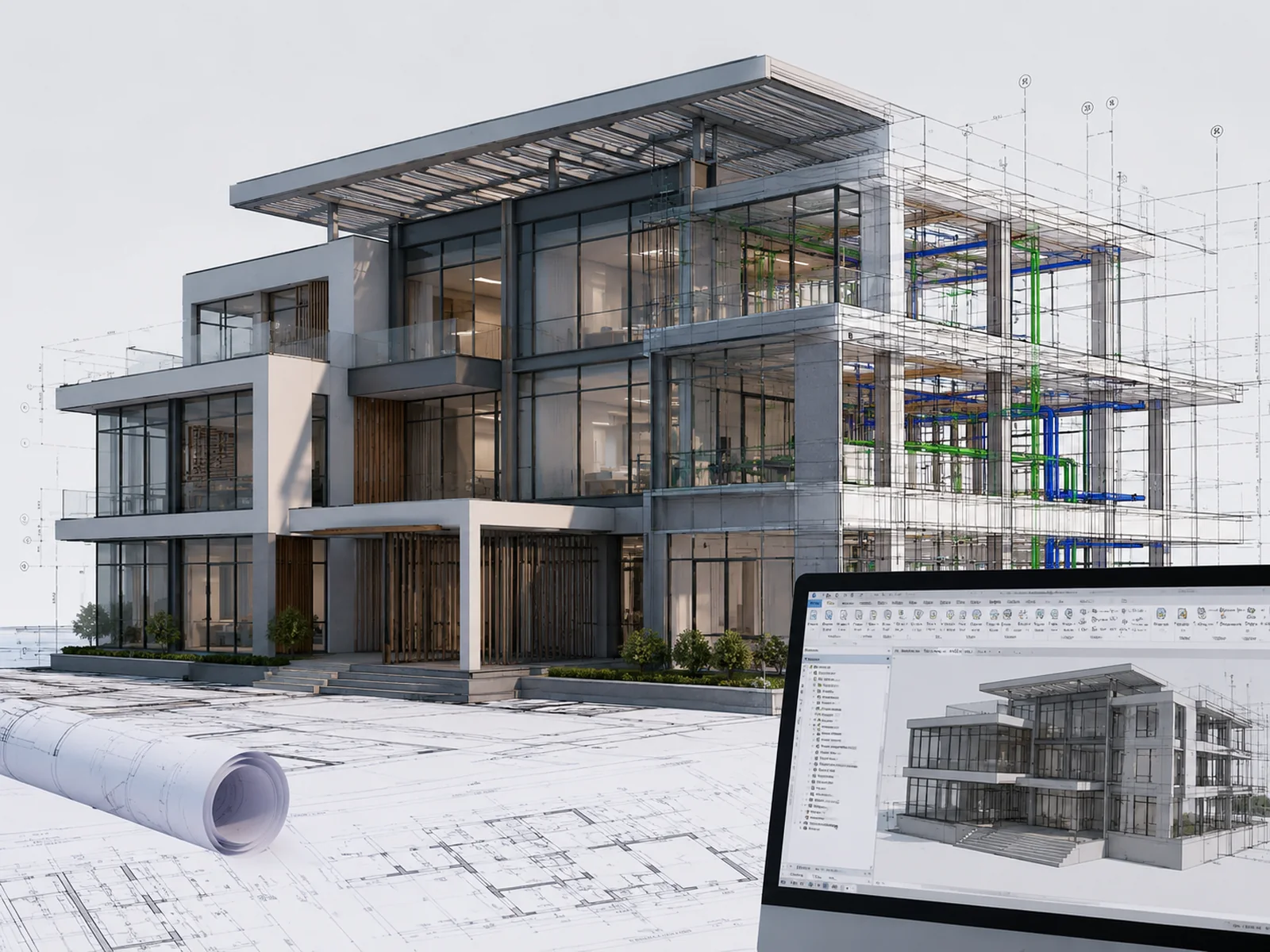 A three-storey building shown half as a finished render and half as a Revit model with structure and MEP services exposed, over drawing sheets