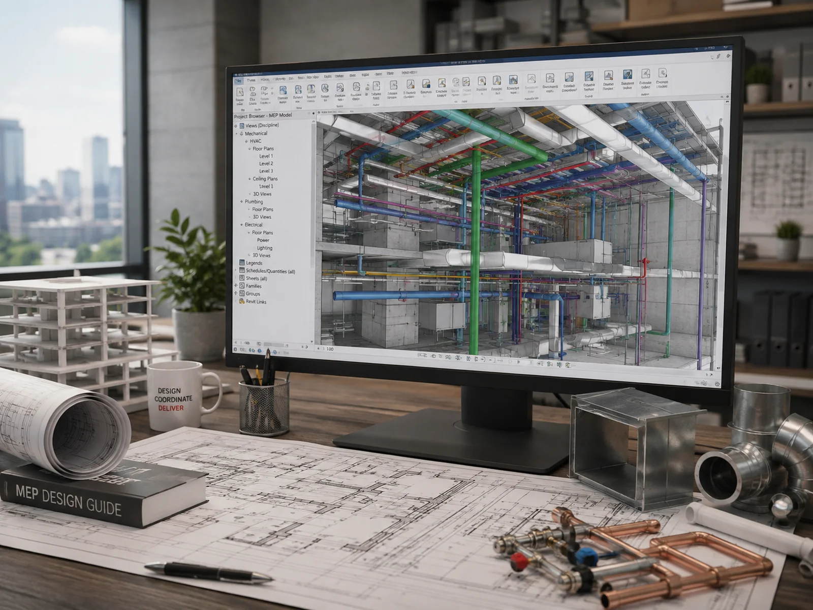 A coordinated Revit MEP model on screen showing colour-coded ducting, pipework and services above a ceiling, with duct and pipe fittings on the desk