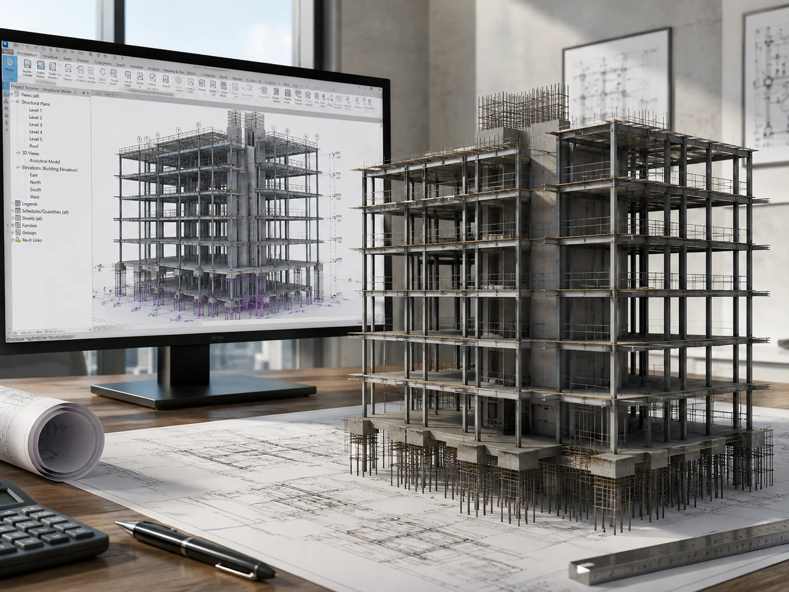 A reinforced concrete frame model beside the same structure open in Revit, with the project browser showing structural plans and levels