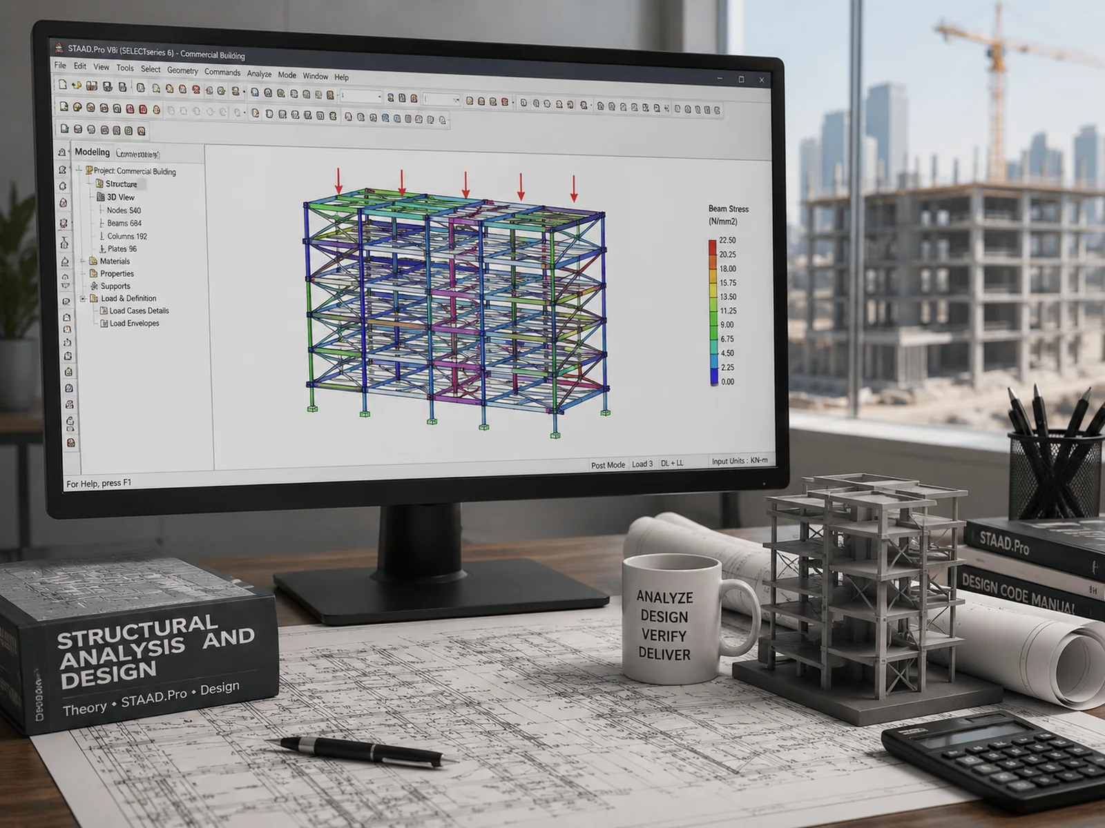A steel frame analysed in STAAD.Pro with beam stresses shown as a colour contour and a legend, beside a printed structural drawing set