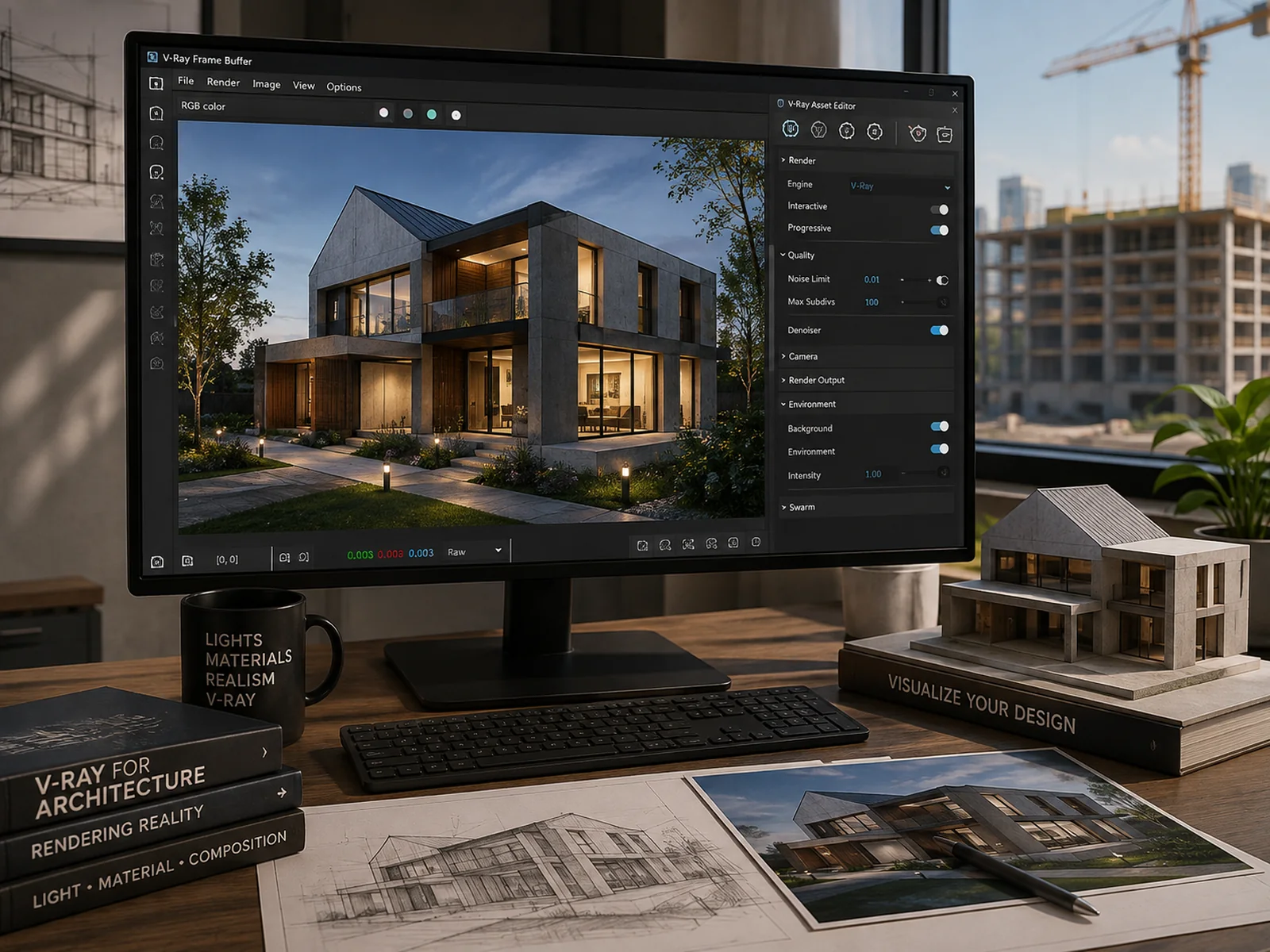 A dusk exterior render in the V-Ray frame buffer with the asset editor showing render quality and environment settings, beside printed sketches and renders